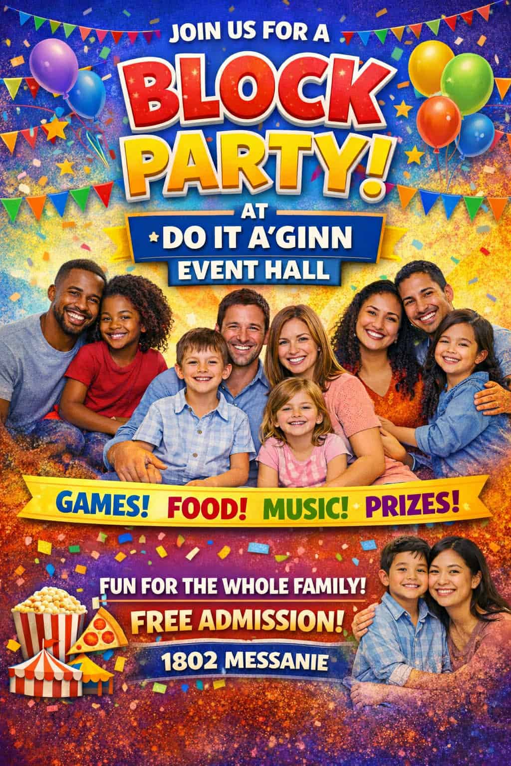 Colorful block party flyer at Do It A-Ginn Event Hall with families, balloons, and confetti. Perfect for kids' celebrations, community events, and birthday parties at a premier venue.